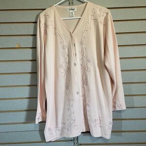 Worthington‎ Women's Pink Floral Embroidered Button Down Cardigan Sweater L
